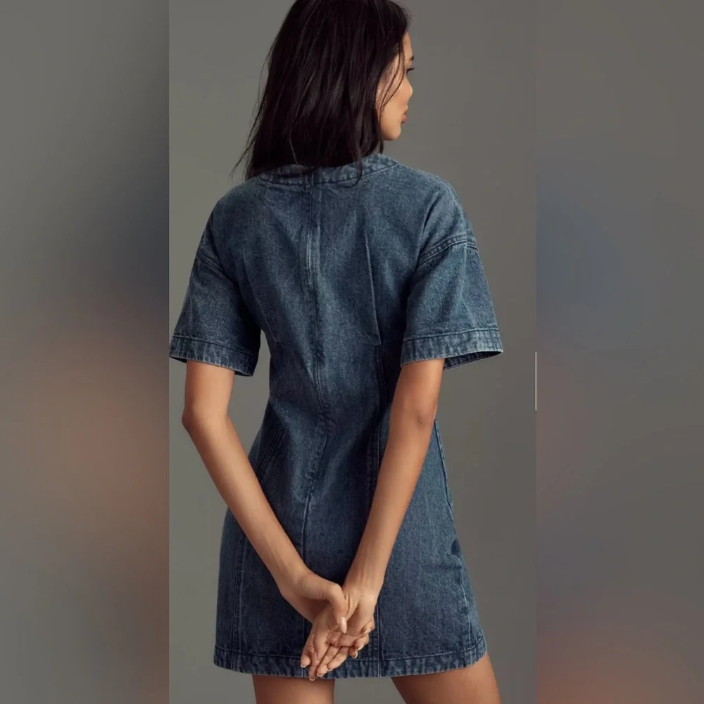 Anthropologie Dhruv Kapoor Embroidered Hearts Denim Short Sleeve Mini Dress - Picture 3 of 11